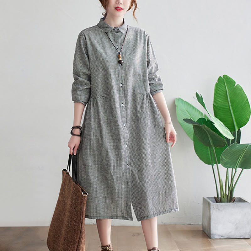 Buddha Stones Small Grid Pattern Cotton Linen Women's Midi Dress With Pockets - image 9