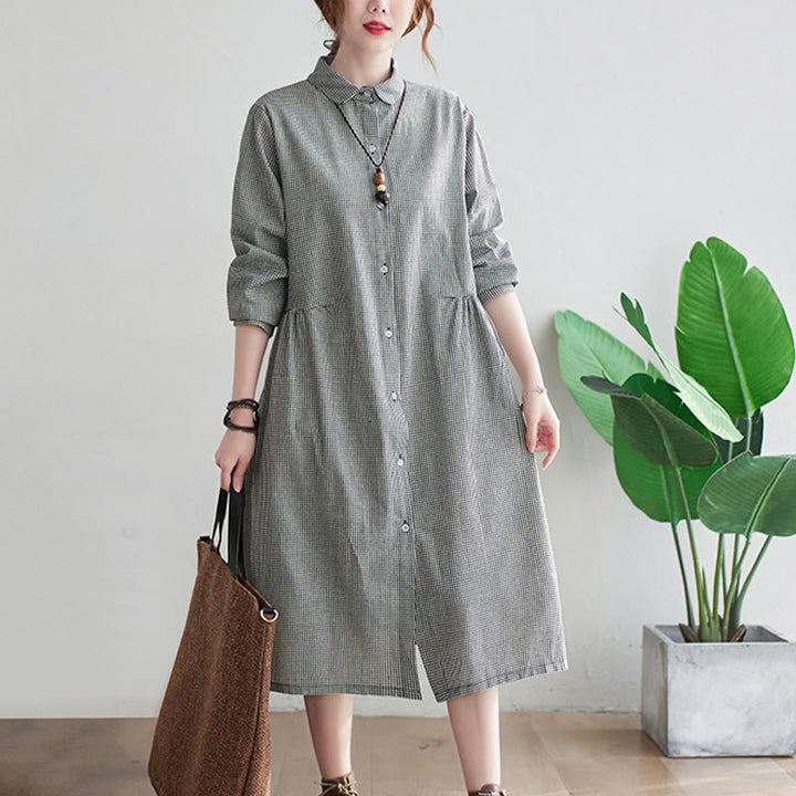 Buddha Stones Small Grid Pattern Cotton Linen Women's Midi Dress With Pockets - image 9