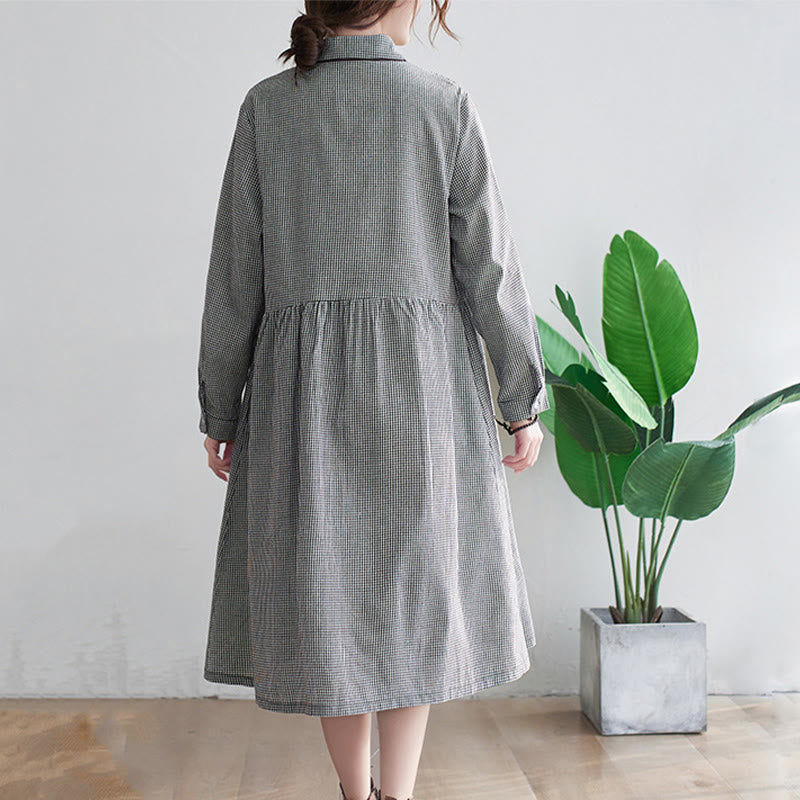 Buddha Stones Small Grid Pattern Cotton Linen Women's Midi Dress With Pockets - image 5