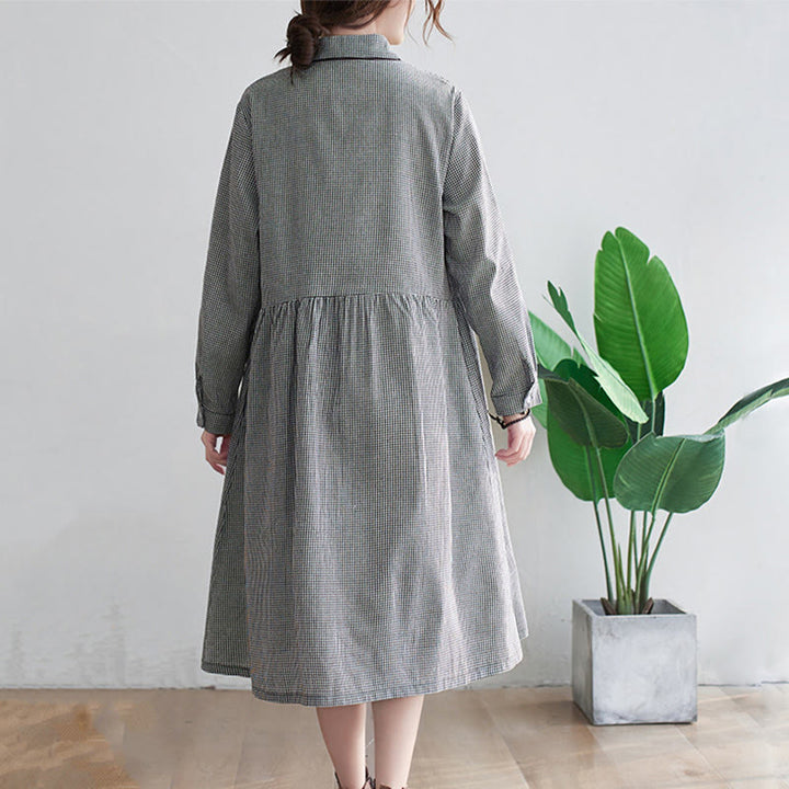 Buddha Stones Small Grid Pattern Cotton Linen Women's Midi Dress With Pockets - image 5