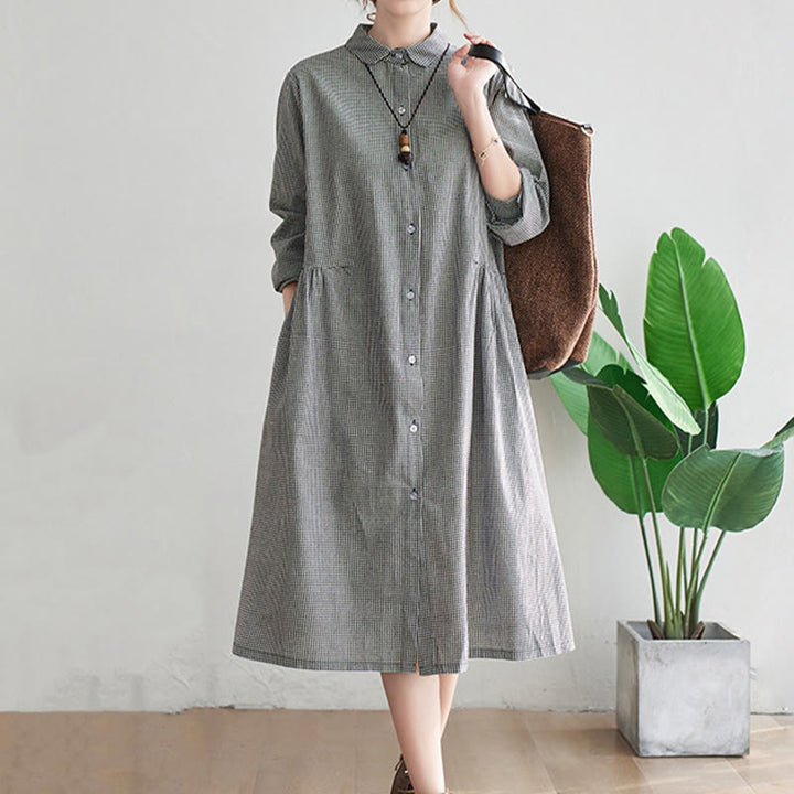 Buddha Stones Small Grid Pattern Cotton Linen Women's Midi Dress With Pockets - image 8
