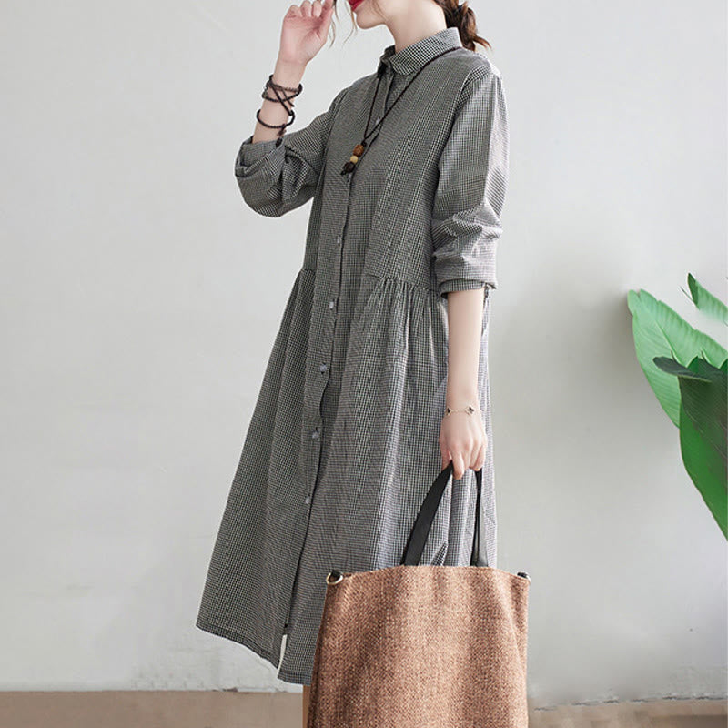 Buddha Stones Small Grid Pattern Cotton Linen Women's Midi Dress With Pockets - image 12