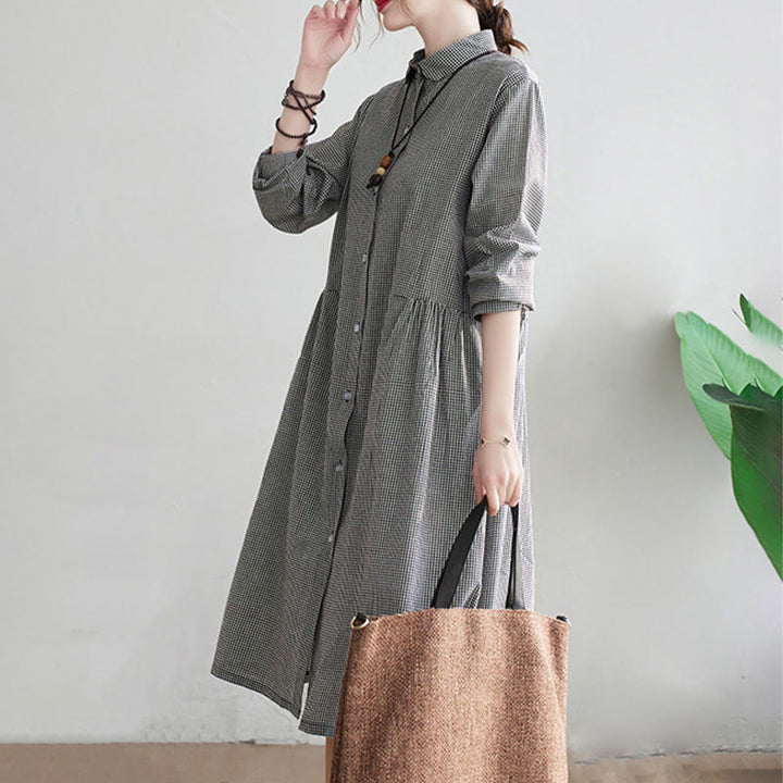 Buddha Stones Small Grid Pattern Cotton Linen Women's Midi Dress With Pockets - image 12