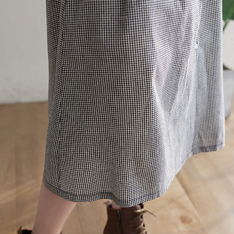 Buddha Stones Small Grid Pattern Cotton Linen Women's Midi Dress With Pockets - image 16