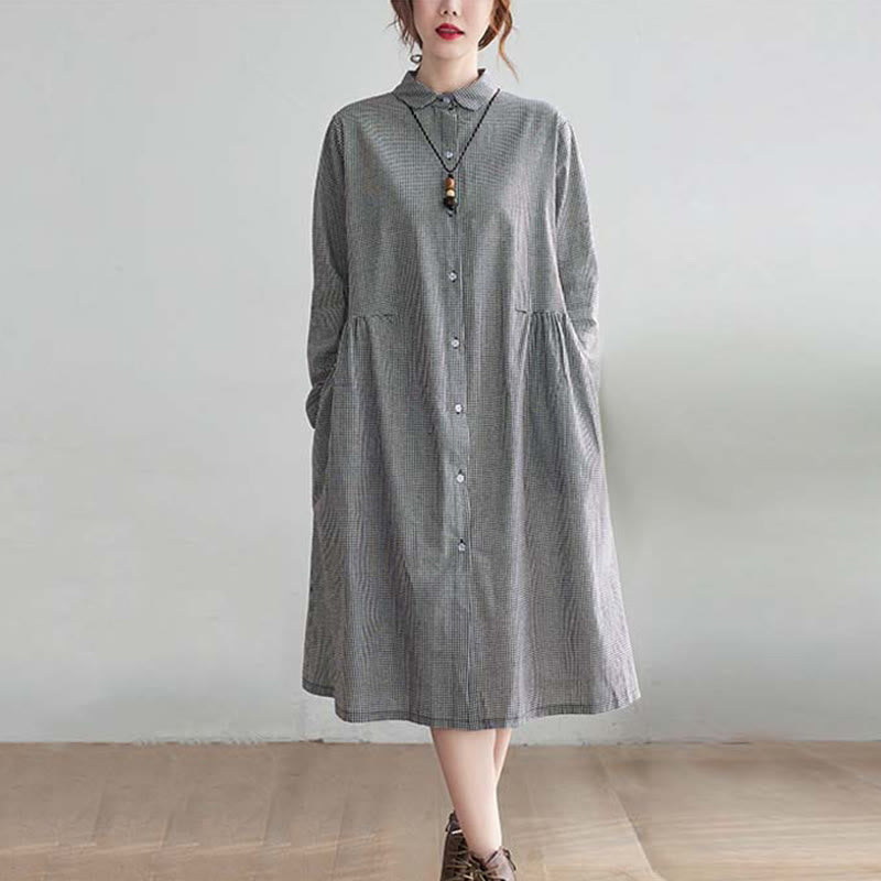 Buddha Stones Small Grid Pattern Cotton Linen Women's Midi Dress With Pockets - LightSlateGray - US8-10，UK/AU12-14，EU40-42 (2XL) - image 3