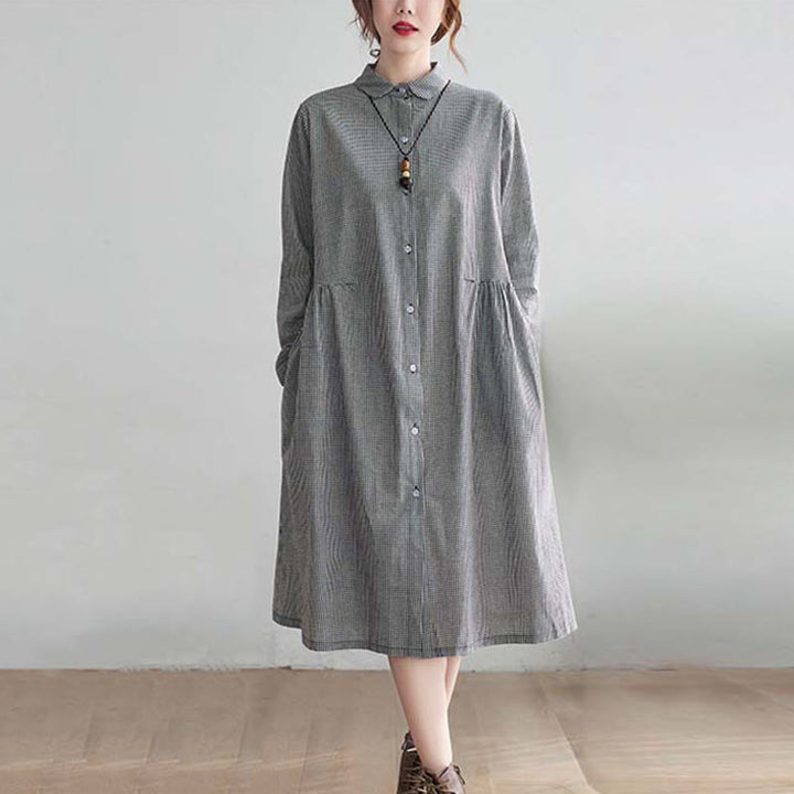 Buddha Stones Small Grid Pattern Cotton Linen Women's Midi Dress With Pockets - LightSlateGray - US8-10，UK/AU12-14，EU40-42 (2XL) - image 3
