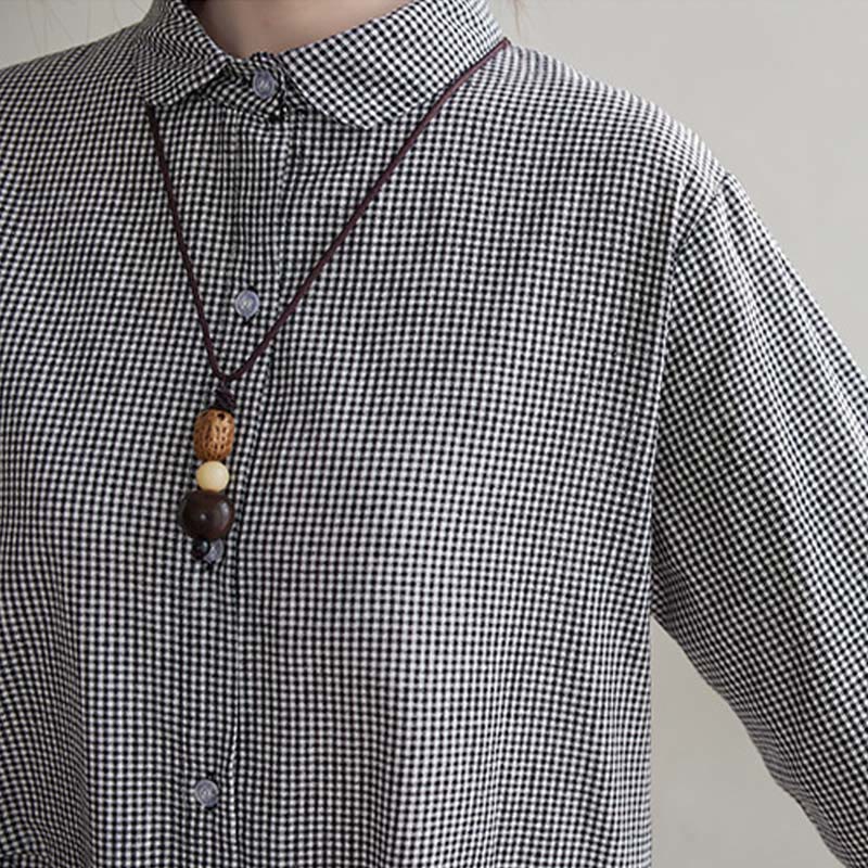 Buddha Stones Small Grid Pattern Cotton Linen Women's Midi Dress With Pockets - image 13