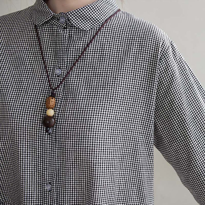 Buddha Stones Small Grid Pattern Cotton Linen Women's Midi Dress With Pockets - image 13