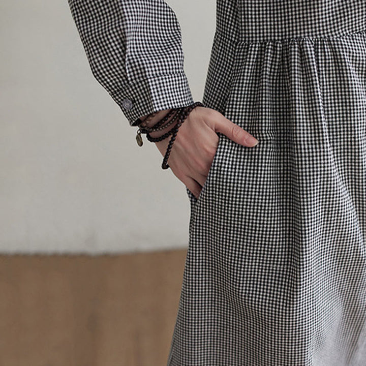Buddha Stones Small Grid Pattern Cotton Linen Women's Midi Dress With Pockets - image 14