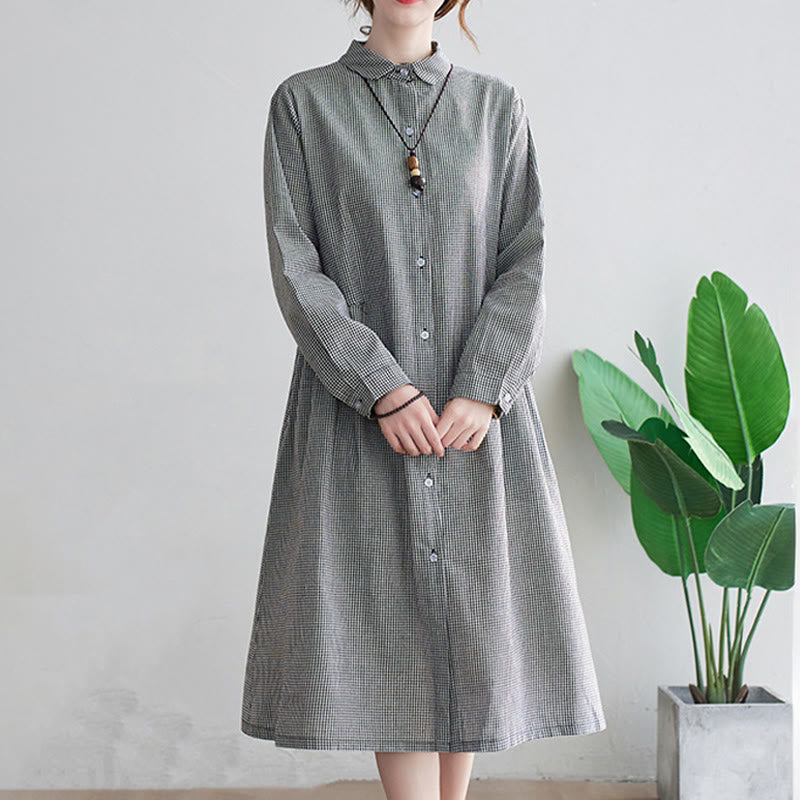 Buddha Stones Small Grid Pattern Cotton Linen Women's Midi Dress With Pockets - image 11