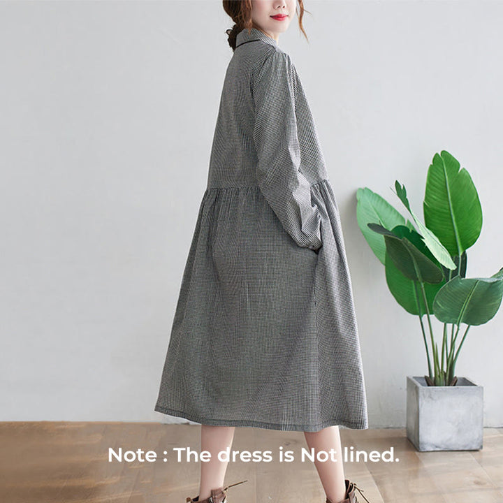 Buddha Stones Small Grid Pattern Cotton Linen Women's Midi Dress With Pockets - image 4