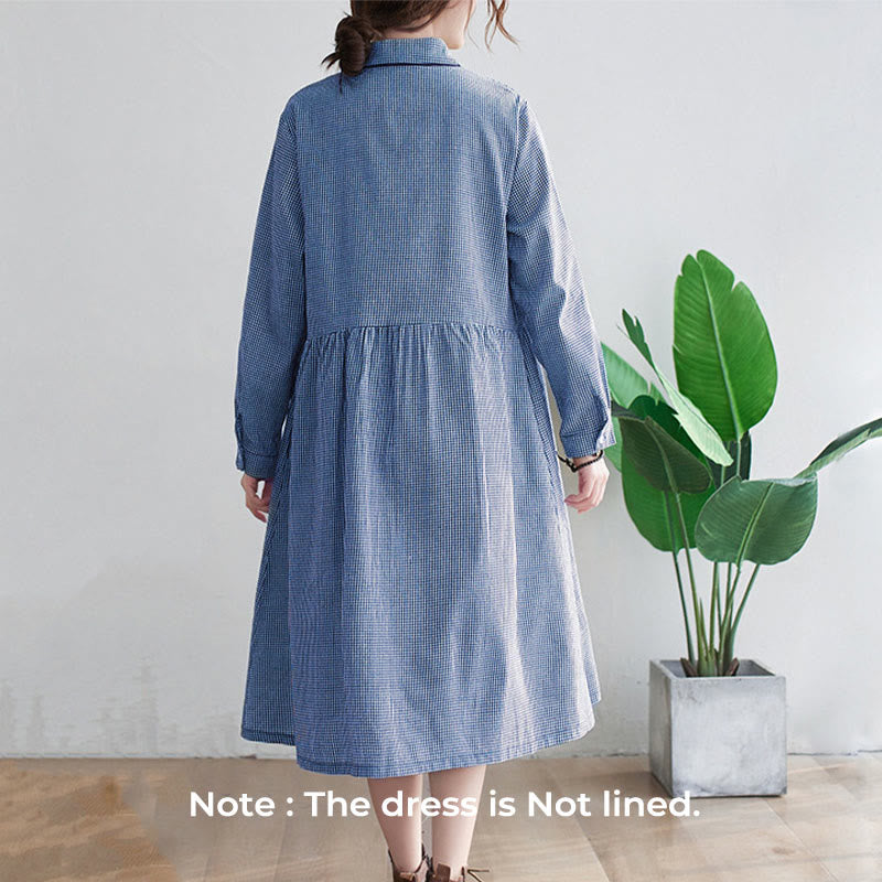 Buddha Stones Small Grid Pattern Cotton Linen Women's Midi Dress With Pockets - image 1