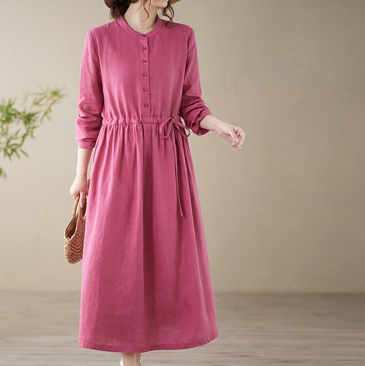 Buddha Stones Casual Plain Crew Neck Lace-up Cotton Linen Midi Dress With Pockets - image 2