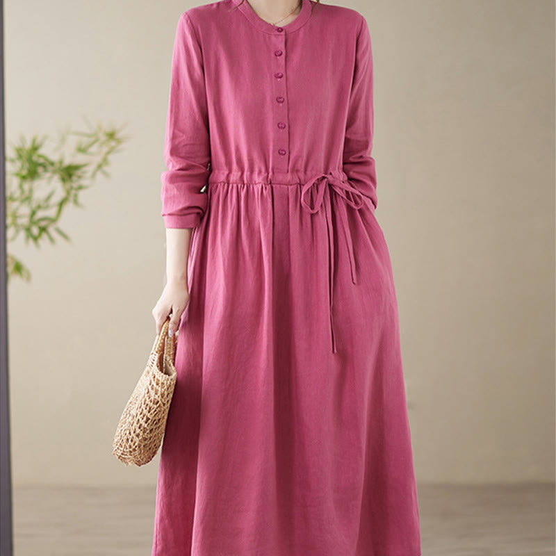Buddha Stones Casual Plain Crew Neck Lace-up Cotton Linen Midi Dress With Pockets - image 3