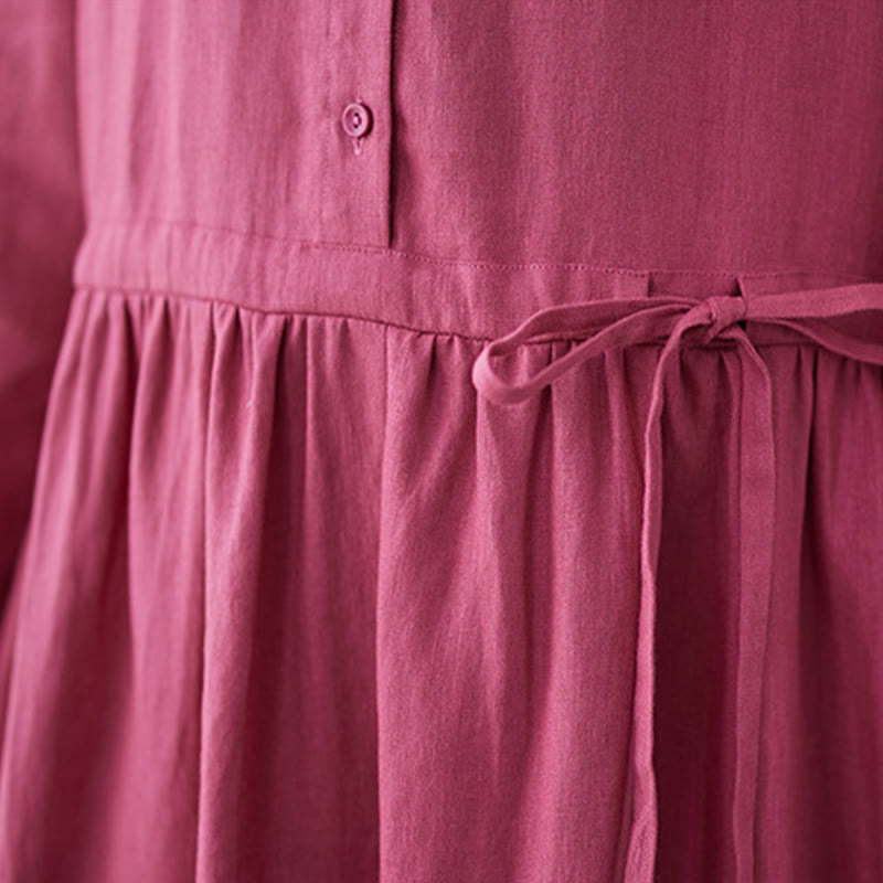 Buddha Stones Casual Plain Crew Neck Lace-up Cotton Linen Midi Dress With Pockets - image 9
