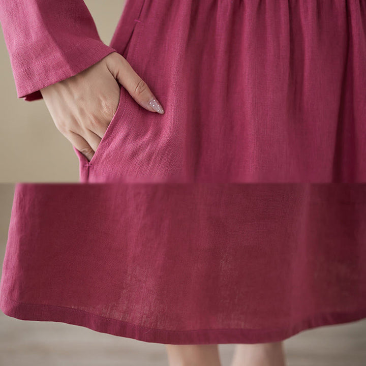 Buddha Stones Casual Plain Crew Neck Lace-up Cotton Linen Midi Dress With Pockets - image 7