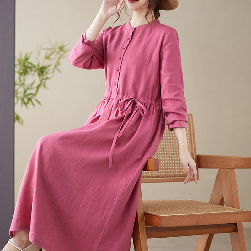 Buddha Stones Casual Plain Crew Neck Lace-up Cotton Linen Midi Dress With Pockets - image 4