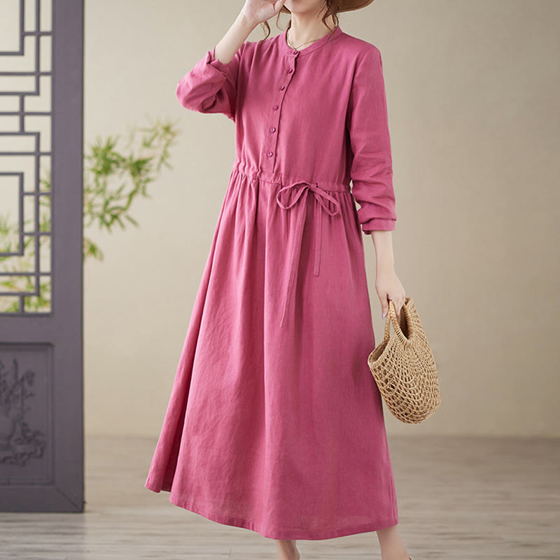 Buddha Stones Casual Plain Crew Neck Lace-up Cotton Linen Midi Dress With Pockets - PaleVioletRed - US8-10，UK/AU12-14，EU40-42 (2XL) - image 0