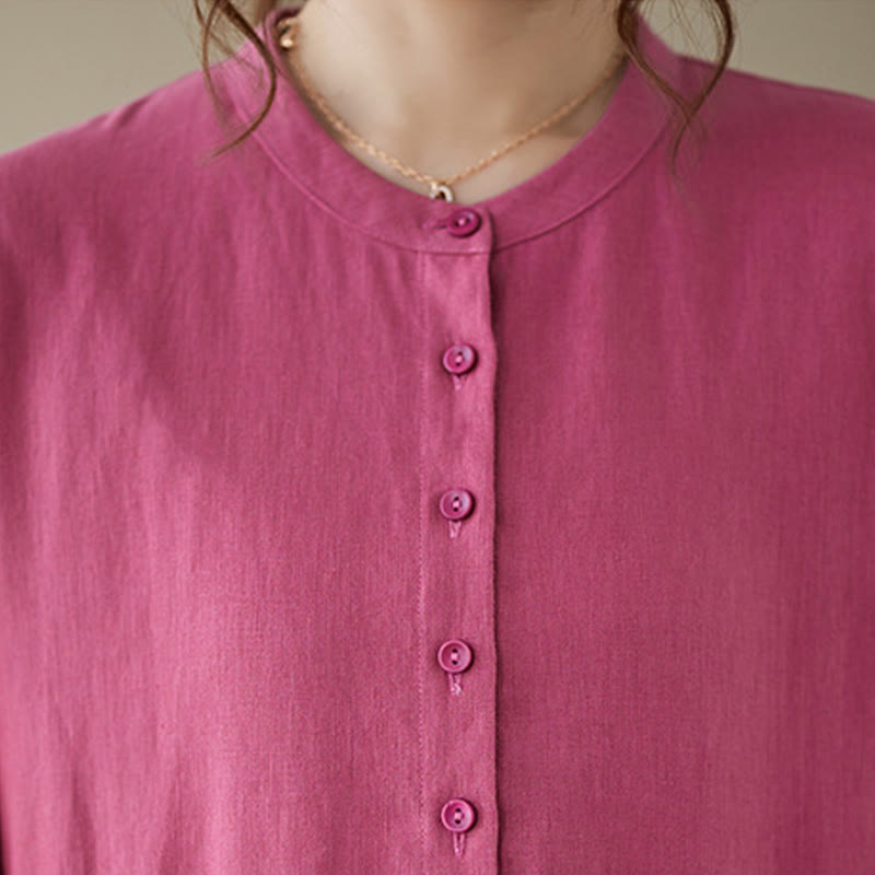 Buddha Stones Casual Plain Crew Neck Lace-up Cotton Linen Midi Dress With Pockets - image 8