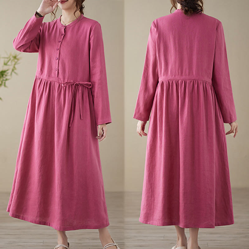 Buddha Stones Casual Plain Crew Neck Lace-up Cotton Linen Midi Dress With Pockets - image 5