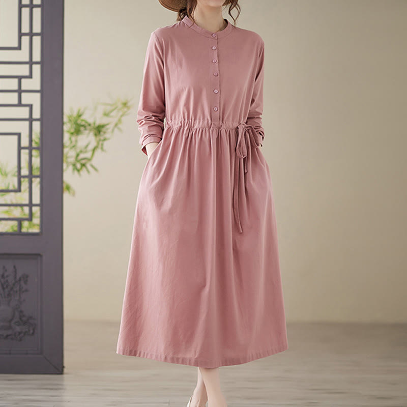 Buddha Stones Casual Plain Crew Neck Lace-up Cotton Linen Midi Dress With Pockets - Pink - US8-10，UK/AU12-14，EU40-42 (2XL) - image 11