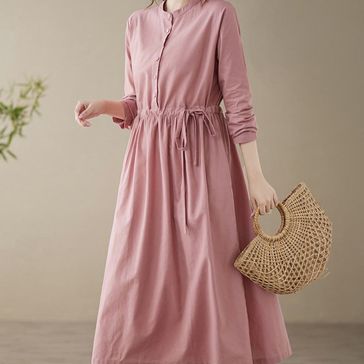 Buddha Stones Casual Plain Crew Neck Lace-up Cotton Linen Midi Dress With Pockets - image 14