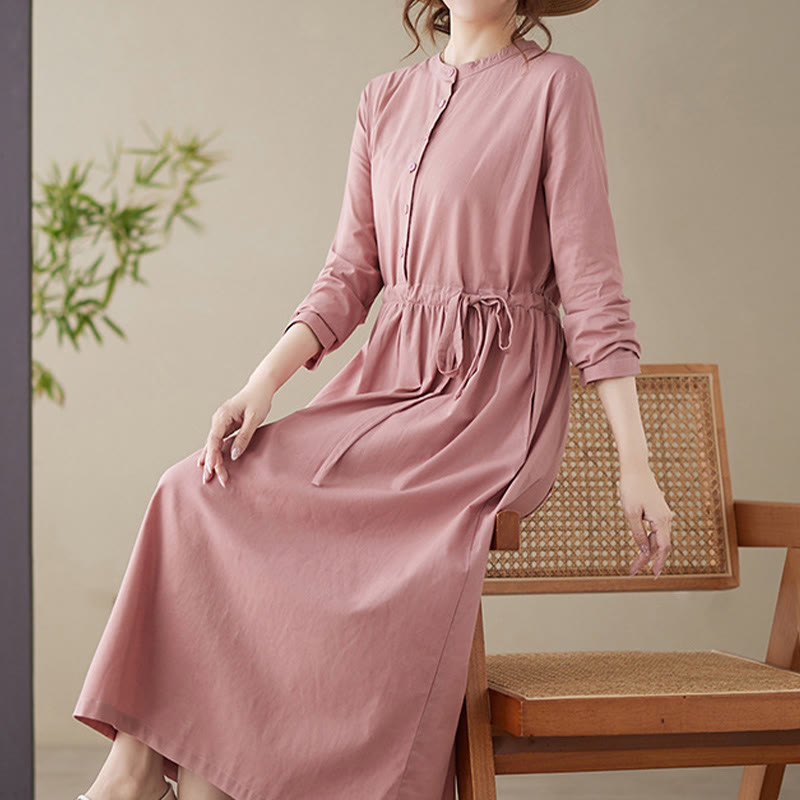Buddha Stones Casual Plain Crew Neck Lace-up Cotton Linen Midi Dress With Pockets - image 13