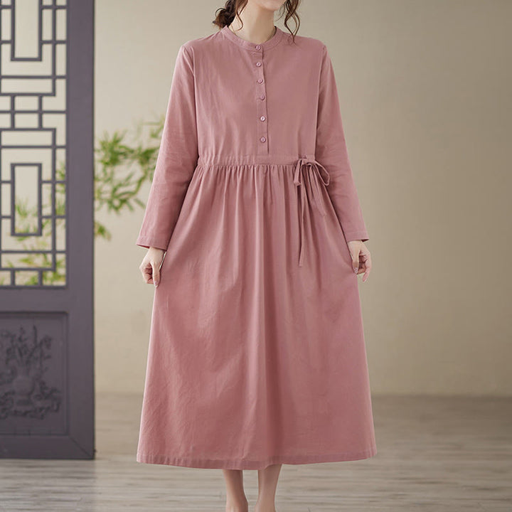 Buddha Stones Casual Plain Crew Neck Lace-up Cotton Linen Midi Dress With Pockets - image 15