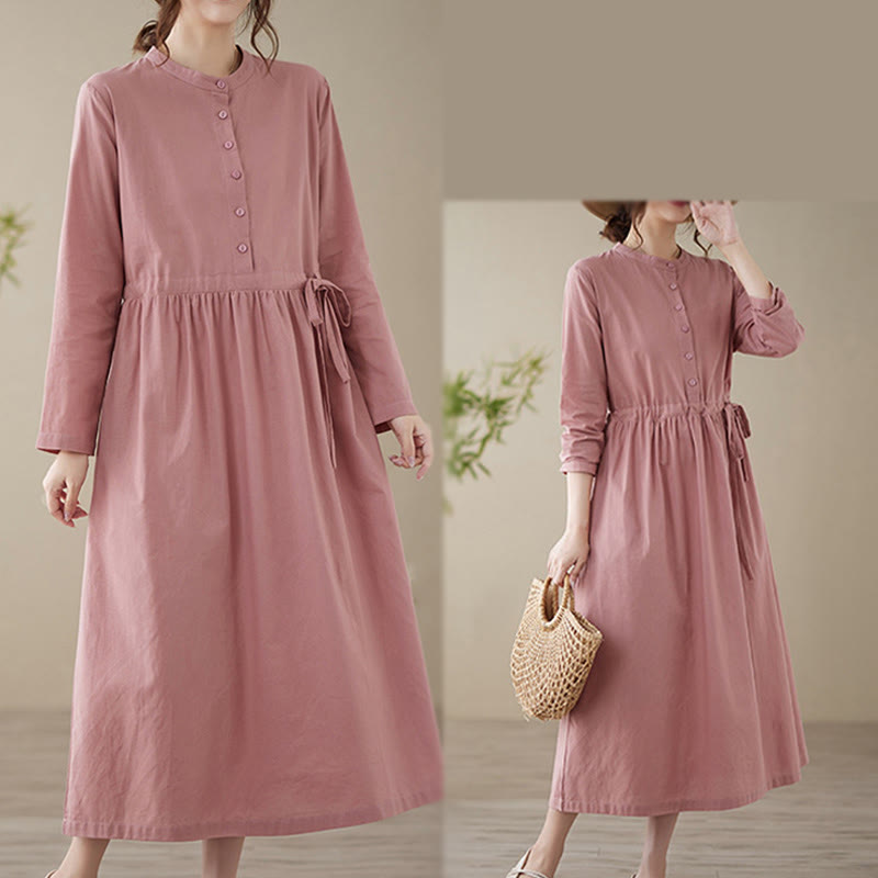 Buddha Stones Casual Plain Crew Neck Lace-up Cotton Linen Midi Dress With Pockets - image 16