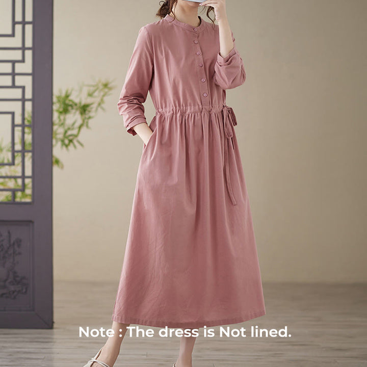 Buddha Stones Casual Plain Crew Neck Lace-up Cotton Linen Midi Dress With Pockets - image 12