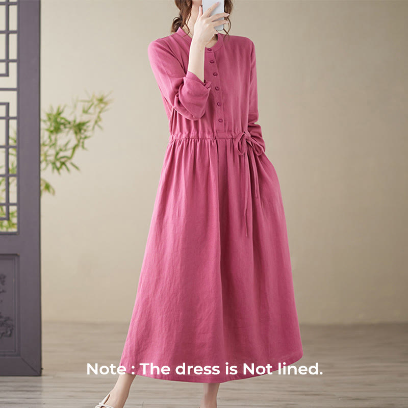 Buddha Stones Casual Plain Crew Neck Lace-up Cotton Linen Midi Dress With Pockets - image 1