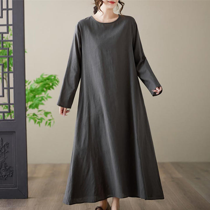 Buddha Stones Casual Plain Crew Neck Cotton Linen Midi Dress With Pockets - image 2