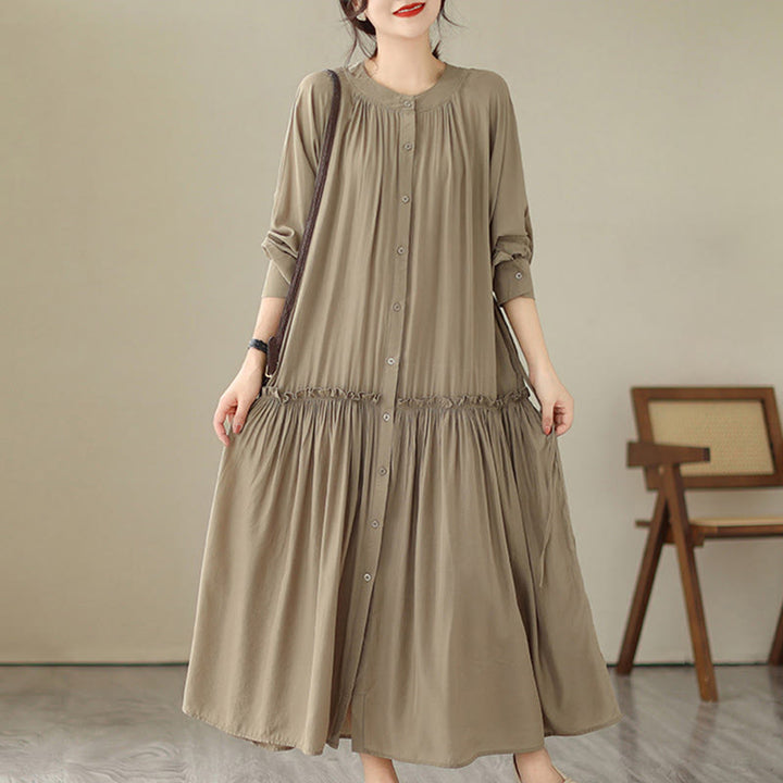 Buddha Stones Casual Plain Crew Neck Pleated Polyester Midi Dress With Pockets - Tan - US4-6，UK/AU8-10，EU36-38 (F) - image 0