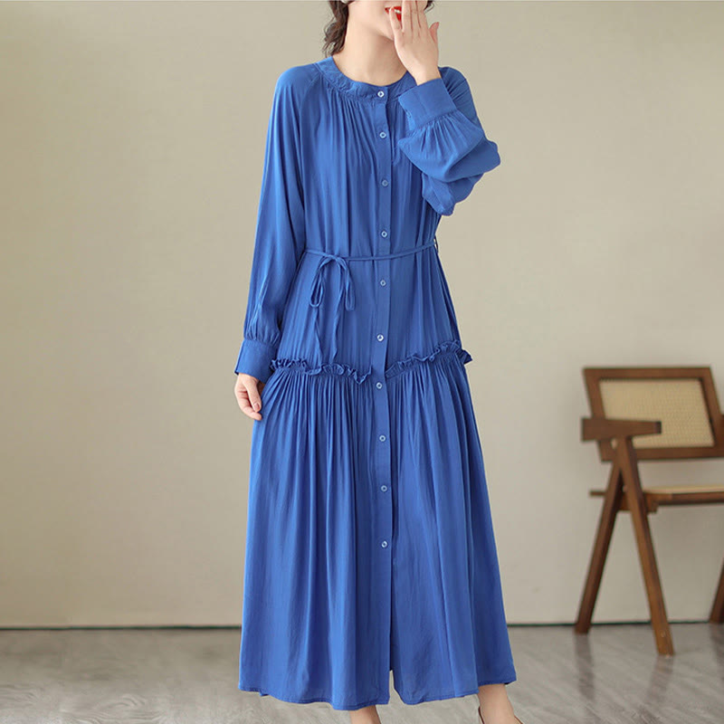 Buddha Stones Casual Plain Crew Neck Pleated Polyester Midi Dress With Pockets - image 12
