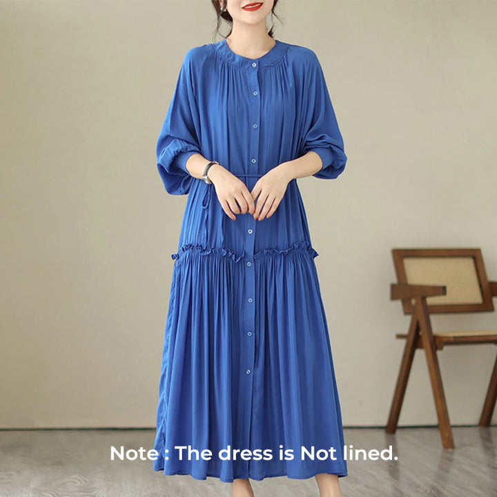 Buddha Stones Casual Plain Crew Neck Pleated Polyester Midi Dress With Pockets - image 11