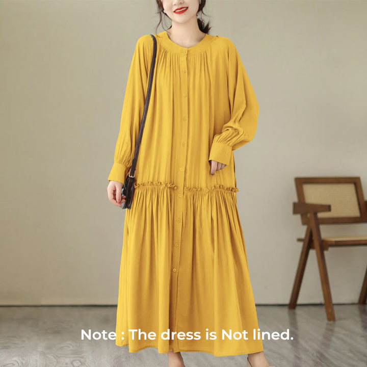 Buddha Stones Casual Plain Crew Neck Pleated Polyester Midi Dress With Pockets - image 28