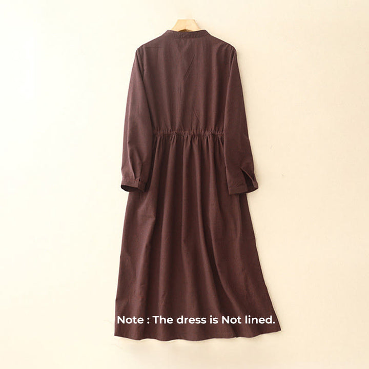 Buddha Stones Casual Plain Frog-button Cotton Midi Dress With Pockets - image 1
