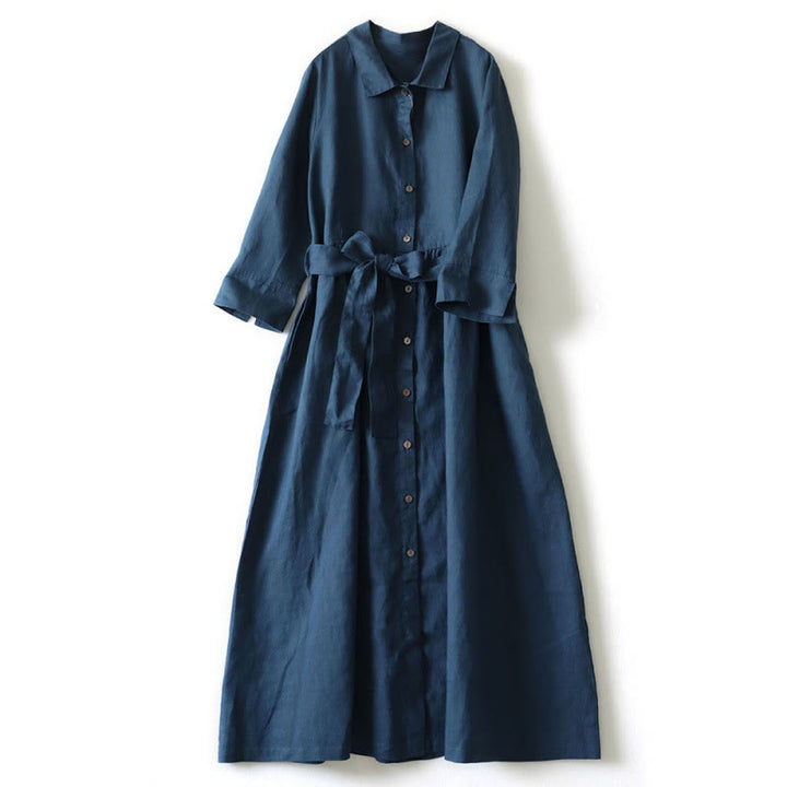 Buddha Stones Casual Plain Lace-up Stand Collar Linen Midi Dress With Pockets - DarkBlue - US8-10，UK/AU12-14，EU40-42 (2XL) - image 0