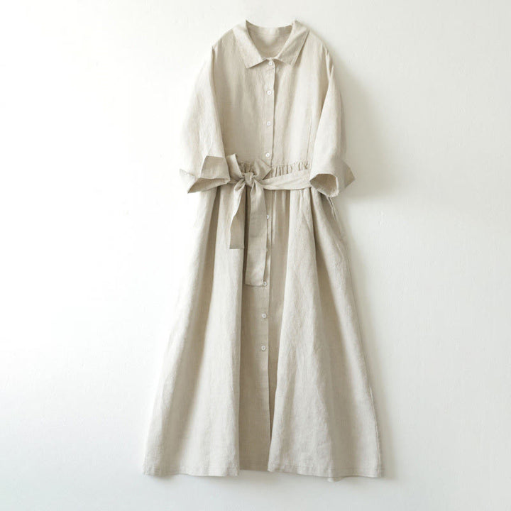 Buddha Stones Casual Plain Lace-up Stand Collar Linen Midi Dress With Pockets - Beige - US8-10，UK/AU12-14，EU40-42 (2XL) - image 8