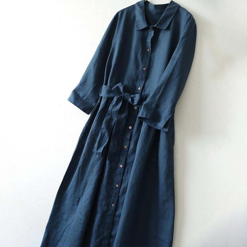 Buddha Stones Casual Plain Lace-up Stand Collar Linen Midi Dress With Pockets - image 2