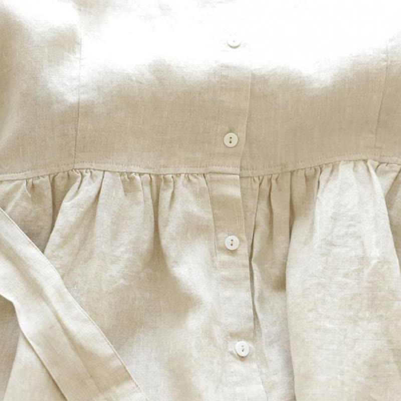 Buddha Stones Casual Plain Lace-up Stand Collar Linen Midi Dress With Pockets - image 11