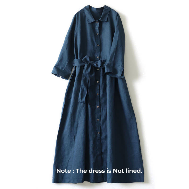 Buddha Stones Casual Plain Lace-up Stand Collar Linen Midi Dress With Pockets - image 1