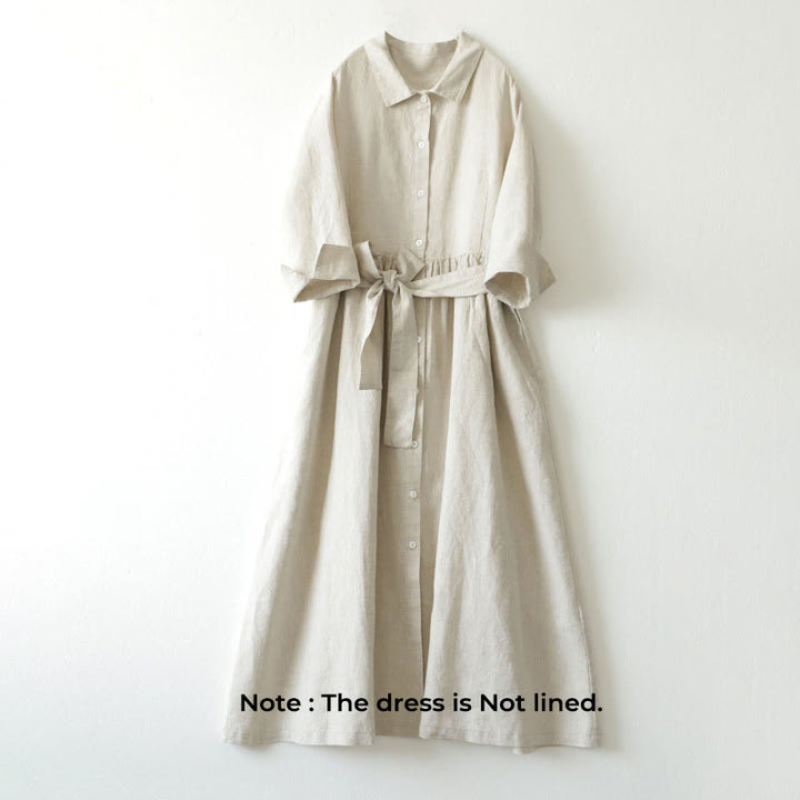 Buddha Stones Casual Plain Lace-up Stand Collar Linen Midi Dress With Pockets - image 9