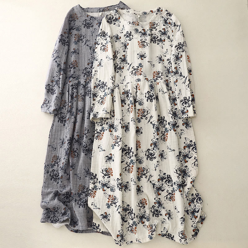 Buddha Stones Casual Small Floral Pattern Crew Neck Cotton Linen Midi Dress With Pockets - image 20
