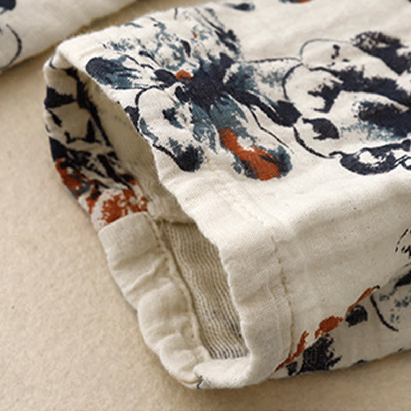 Buddha Stones Casual Small Floral Pattern Crew Neck Cotton Linen Midi Dress With Pockets - image 5