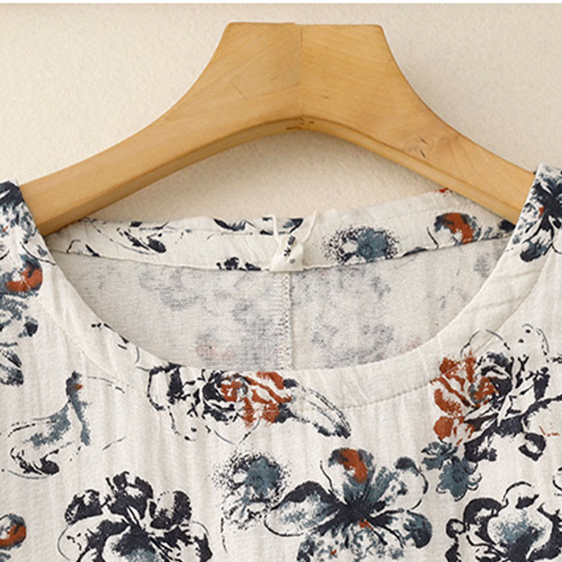 Buddha Stones Casual Small Floral Pattern Crew Neck Cotton Linen Midi Dress With Pockets - image 3