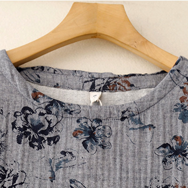 Buddha Stones Casual Small Floral Pattern Crew Neck Cotton Linen Midi Dress With Pockets - image 13