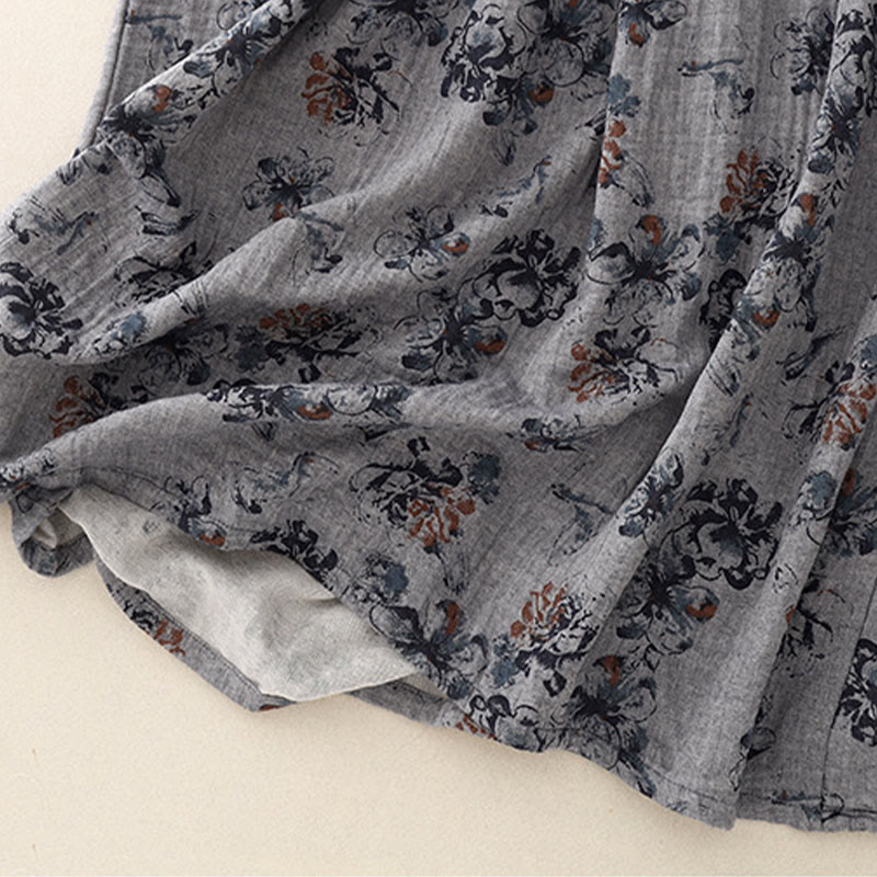 Buddha Stones Casual Small Floral Pattern Crew Neck Cotton Linen Midi Dress With Pockets - image 17