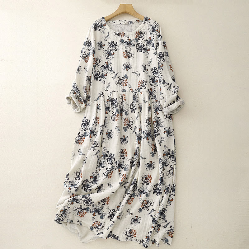 Buddha Stones Casual Small Floral Pattern Crew Neck Cotton Linen Midi Dress With Pockets - FloralWhite - US8-10，UK/AU12-14，EU40-42 (2XL) - image 0