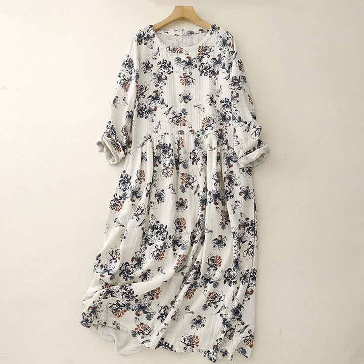 Buddha Stones Casual Small Floral Pattern Crew Neck Cotton Linen Midi Dress With Pockets - FloralWhite - US8-10，UK/AU12-14，EU40-42 (2XL) - image 0